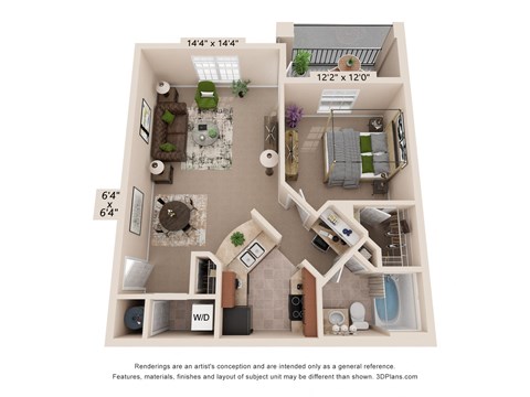 Floor plan for 1 bed, 1 bath, 741 sqft